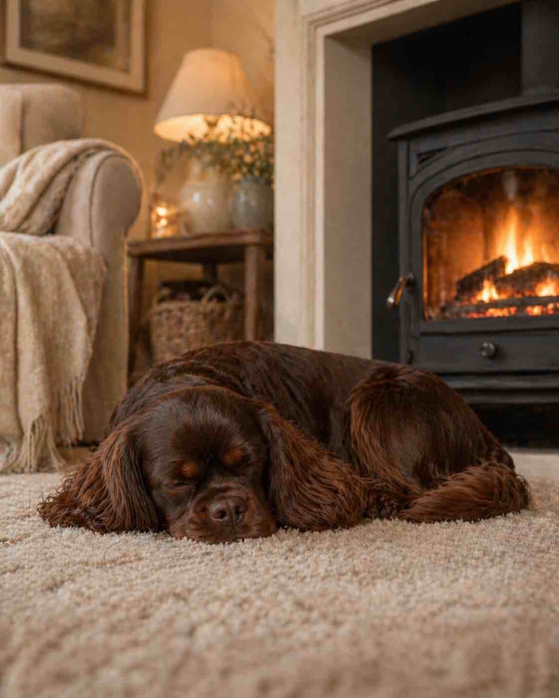 Chocolate Brown King Charles Spaniel Sleeping on a Rug Infront of a Log Fire
